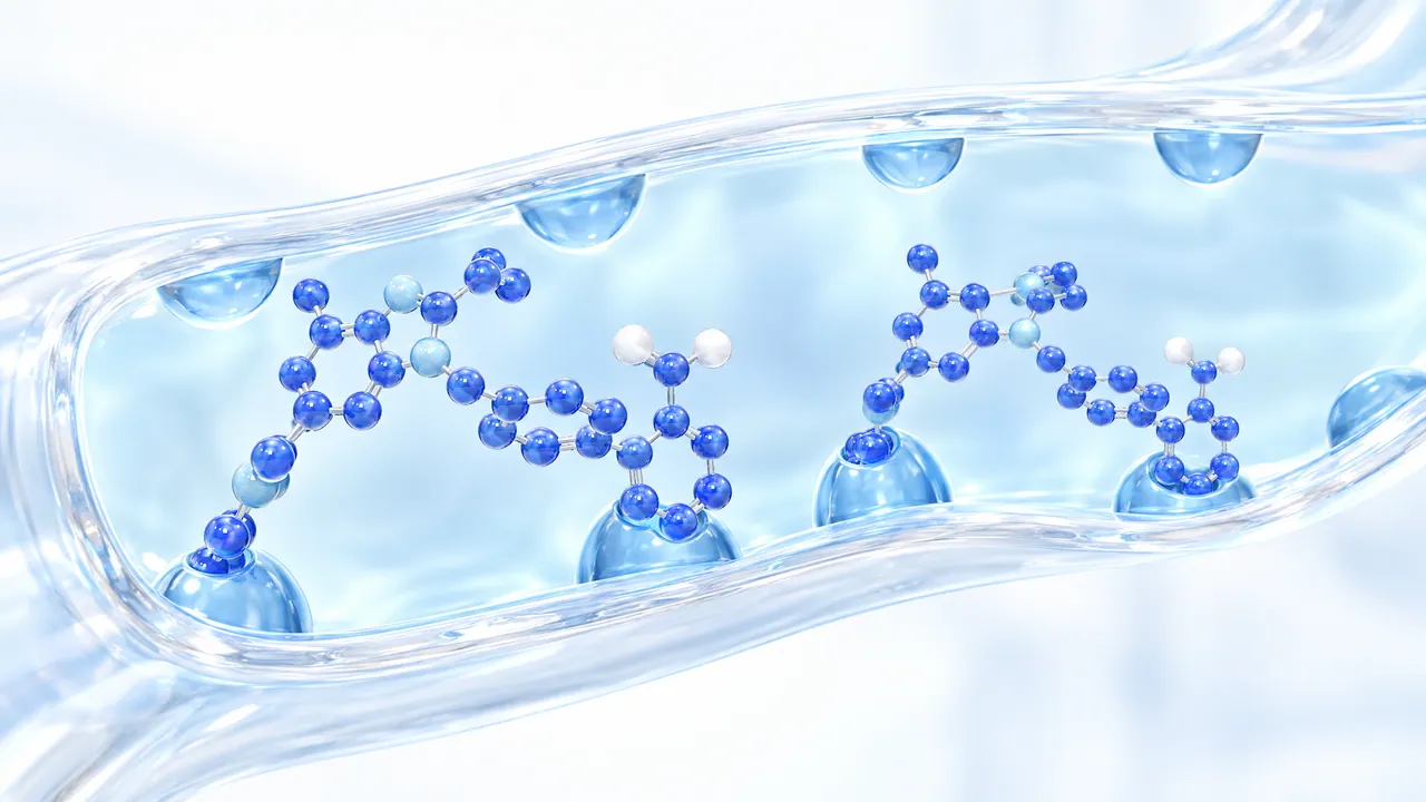 Transparent blood vessel seen from inside, blue molecules sit on round docking sites of the vessel wall