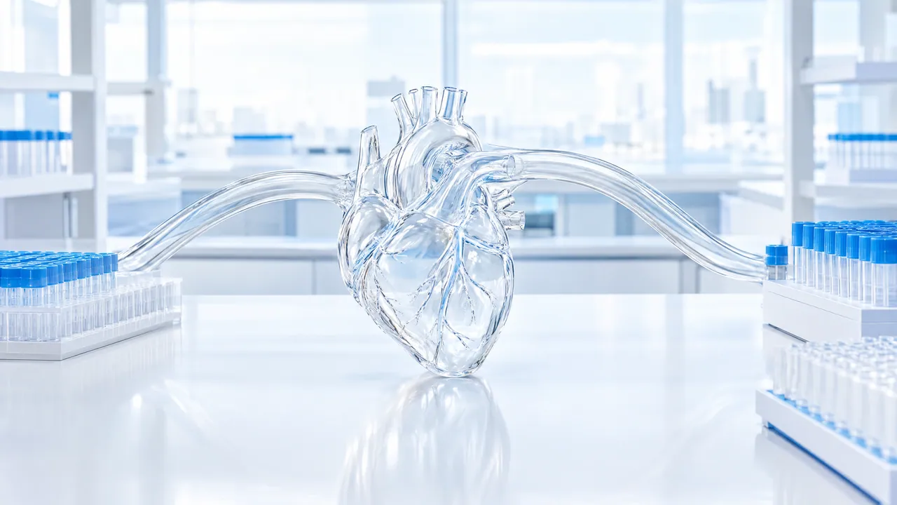 Glass heart with vessels on a bright lab bench between racks of sample tubes