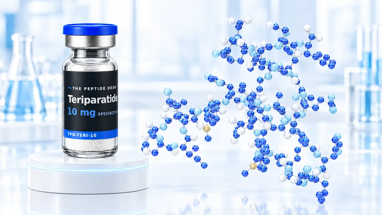 Teriparatide vial with white powder and the black TPD label on a white podium with a glowing ring, next to a large tangled molecule model of blue and white spheres