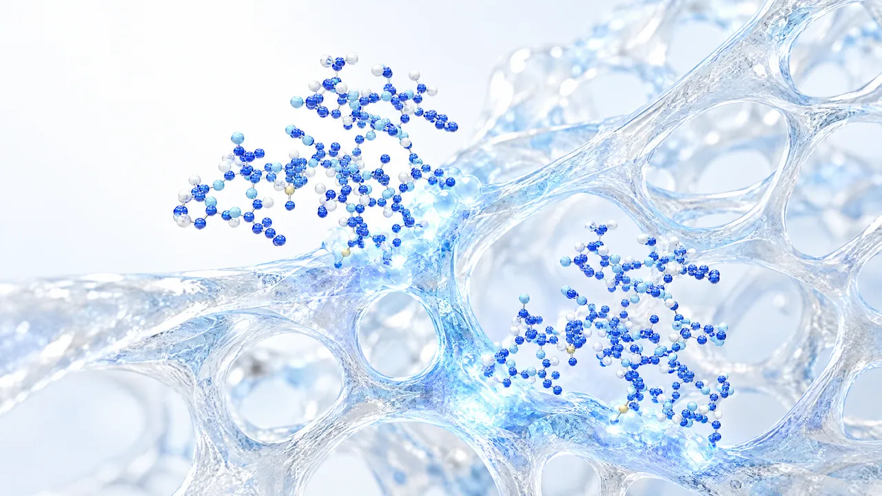 Spongy glass bone lattice, two large blue molecule models docking onto its struts, the contact points glowing blue as small glass beads build up