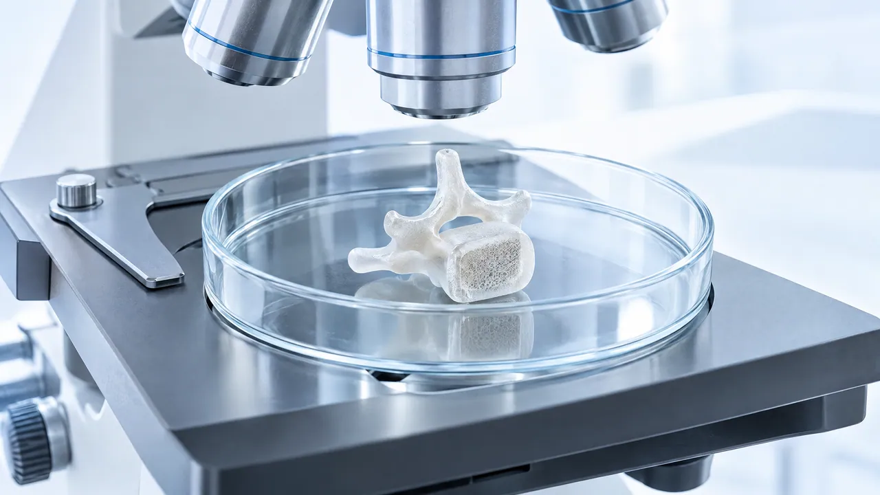 Matte vertebra with visible spongy inner bone in a petri dish on a microscope stage, the objectives above