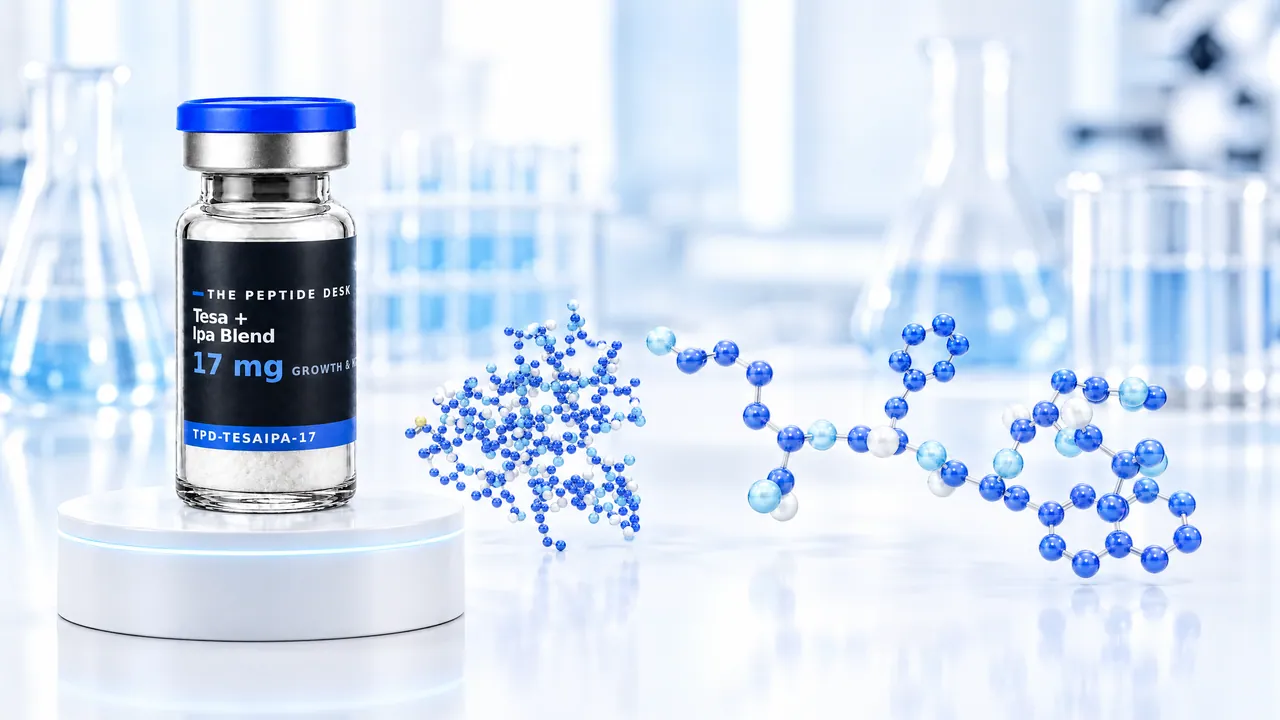 Tesa + Ipa Blend vial with white powder and the black TPD label on a white podium with a glowing ring, next to two molecule models of blue spheres: a large tangled one and a smaller chain-like one with rings