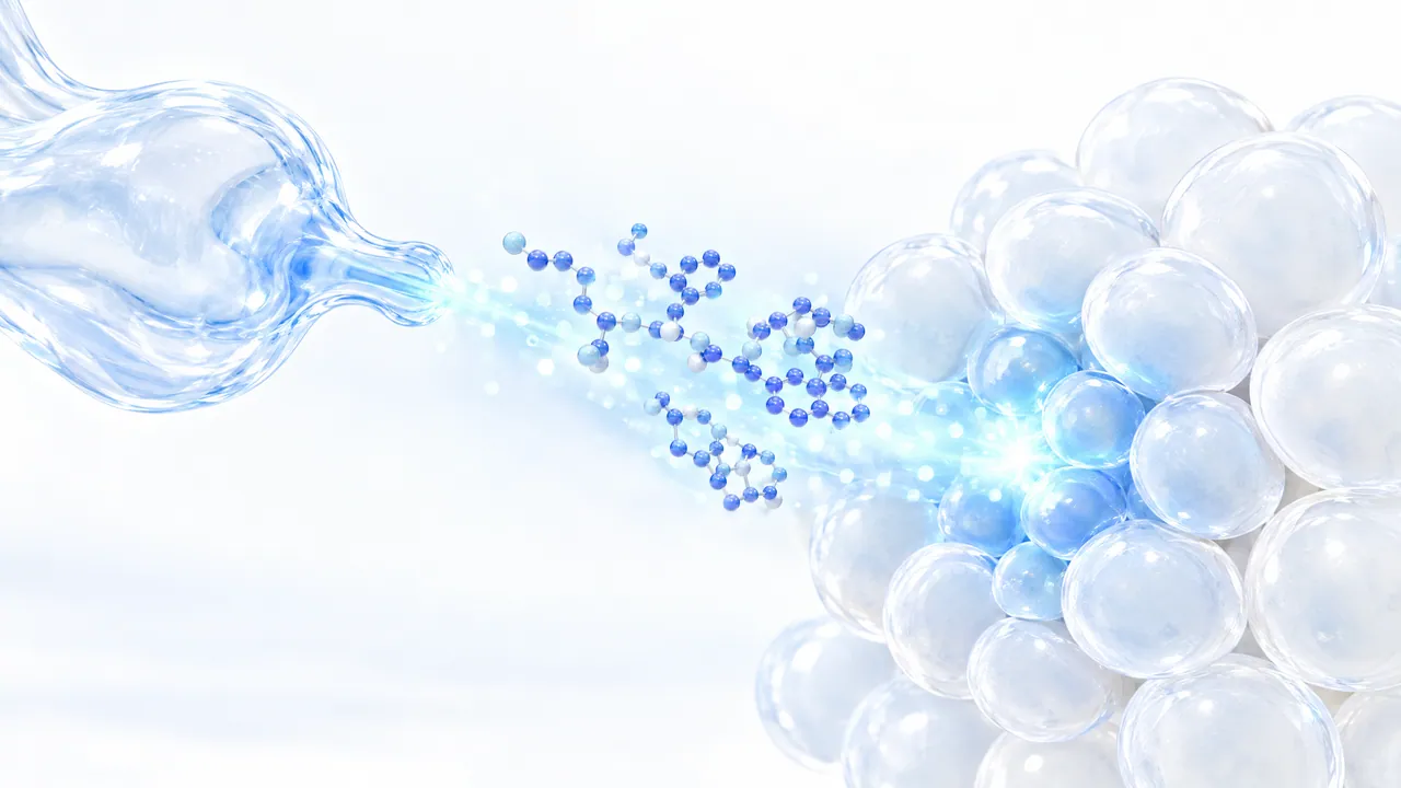 Glass gland on a stalk sends a beam of light with blue molecule models towards a cluster of translucent cells that lights up where it hits