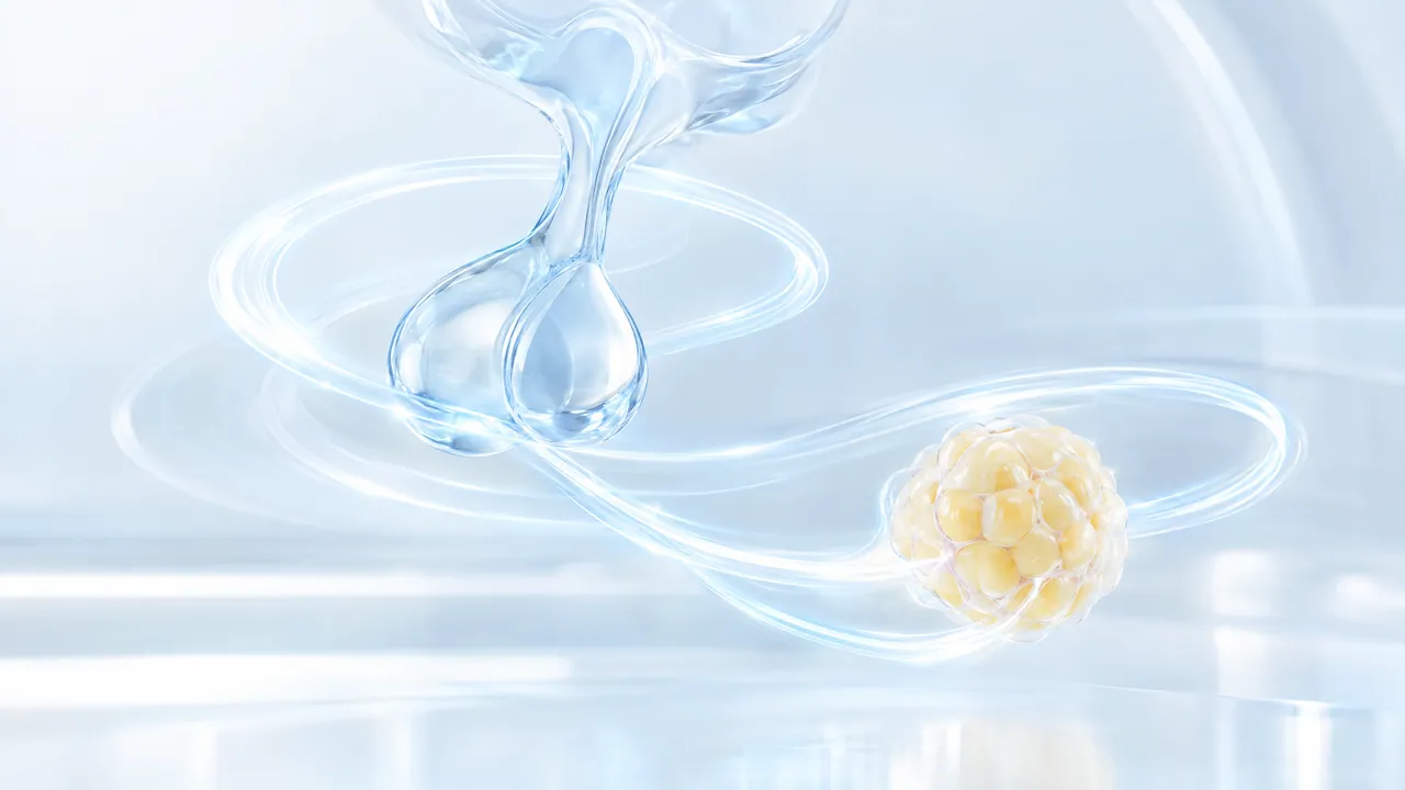 Two-lobed glass gland on a stalk, circled by light trails that lead to a yellowish lobule of fat cells