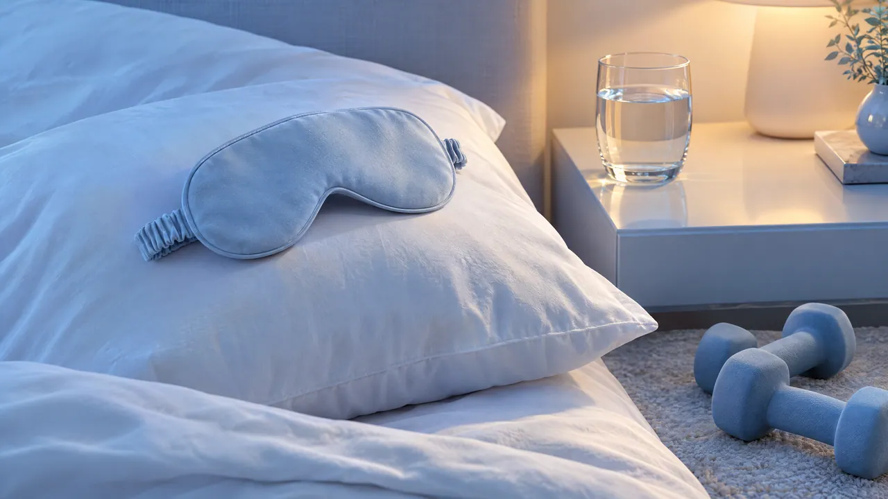 Pillow with a light blue sleep mask, a glass of water on the bedside table and two dumbbells on the rug in evening light