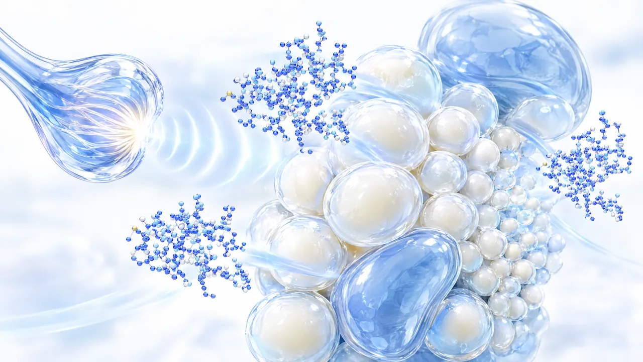 Glass gland model sending light waves to a cluster of pale fat cells, surrounded by blue 3D peptide chains