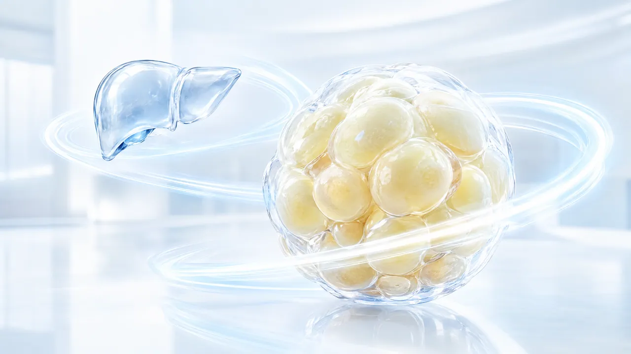 Glass liver model and a cluster of yellowish fat cells, surrounded by glowing trails of light