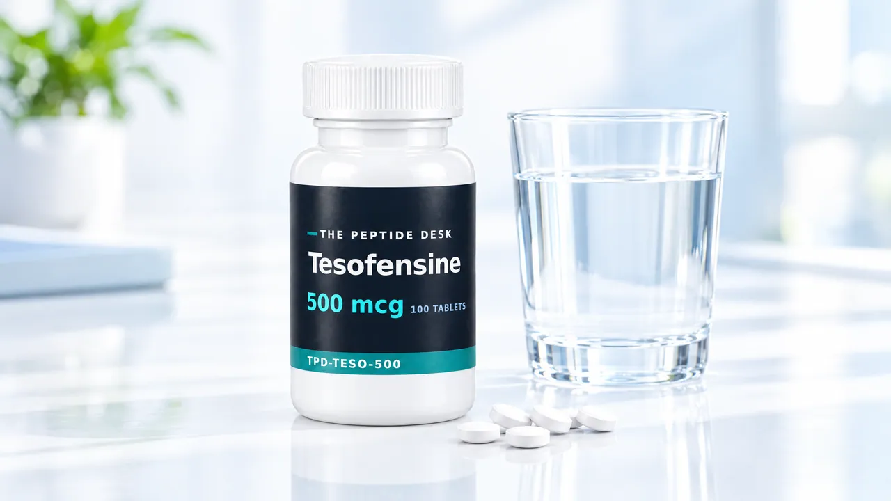 White tablet bottle with a black TPD label for tesofensine, next to it several tablets and a glass of water