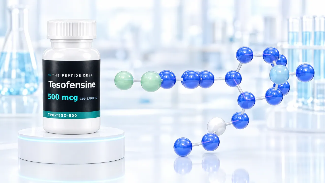 White tablet bottle with a black TPD label for tesofensine on a white podium, next to it a blue and green 3D molecule in a bright lab