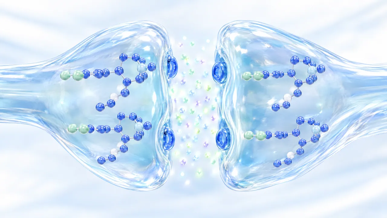 Two glassy nerve endings face each other with glowing particles and blue-green molecules in between