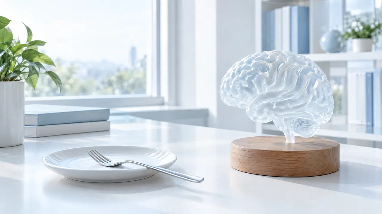 Glass brain on a wooden stand on a bright desk, in front of it an empty plate with a fork