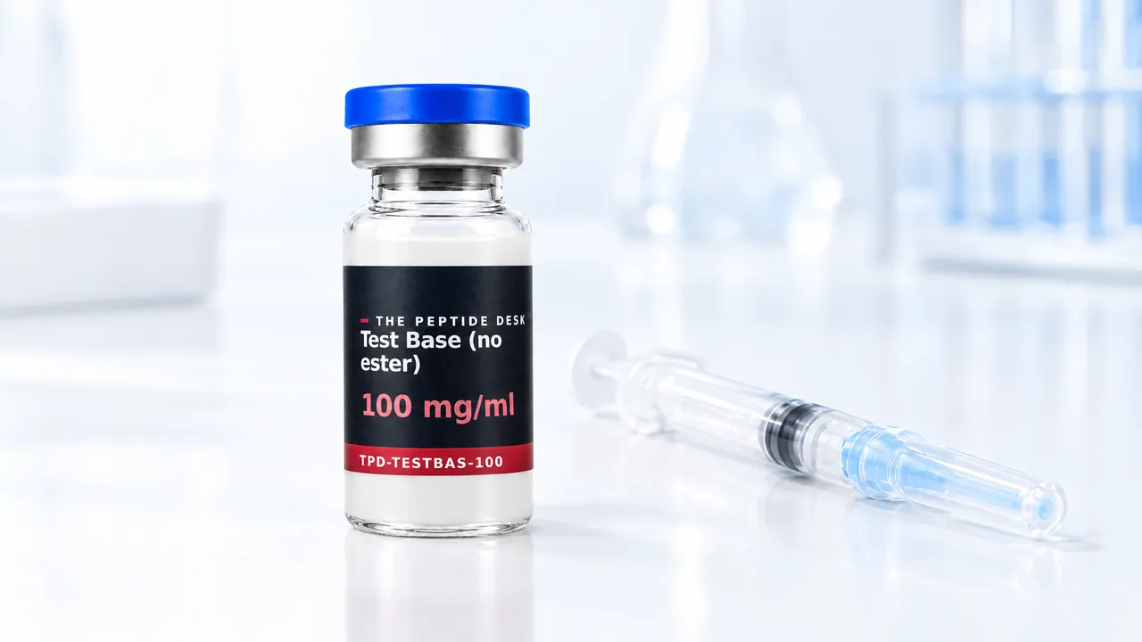 Glass vial with clear liquid and a blue cap on a bright lab bench, a syringe lying beside it