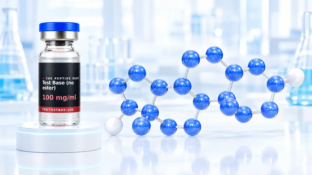 Glass vial with clear liquid and a blue cap on a white podium with a glowing ring, next to it a large blue 3D steroid molecule in front of a bright lab