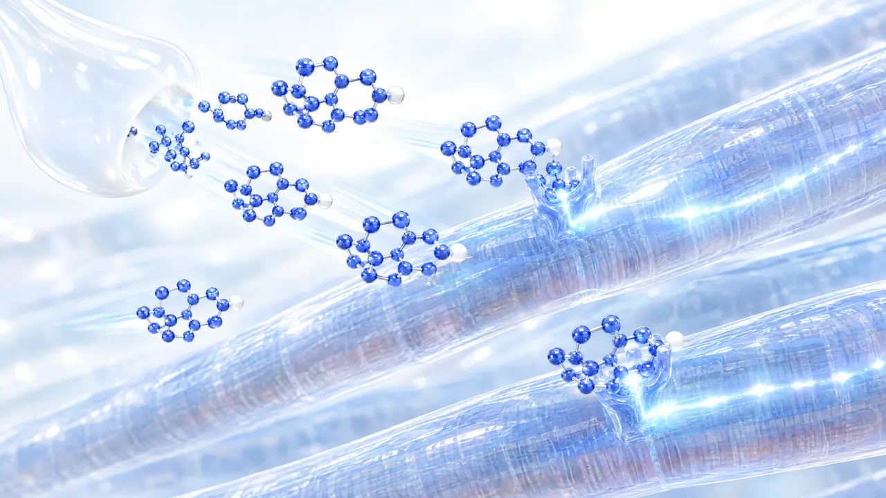 Blue 3D steroid molecules stream from a glass nozzle and dock glowing onto translucent muscle fibres