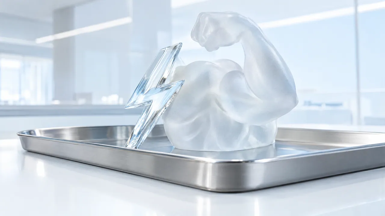 Frosted glass sculpture of a flexed arm on a stainless steel tray with a glass lightning bolt leaning against it