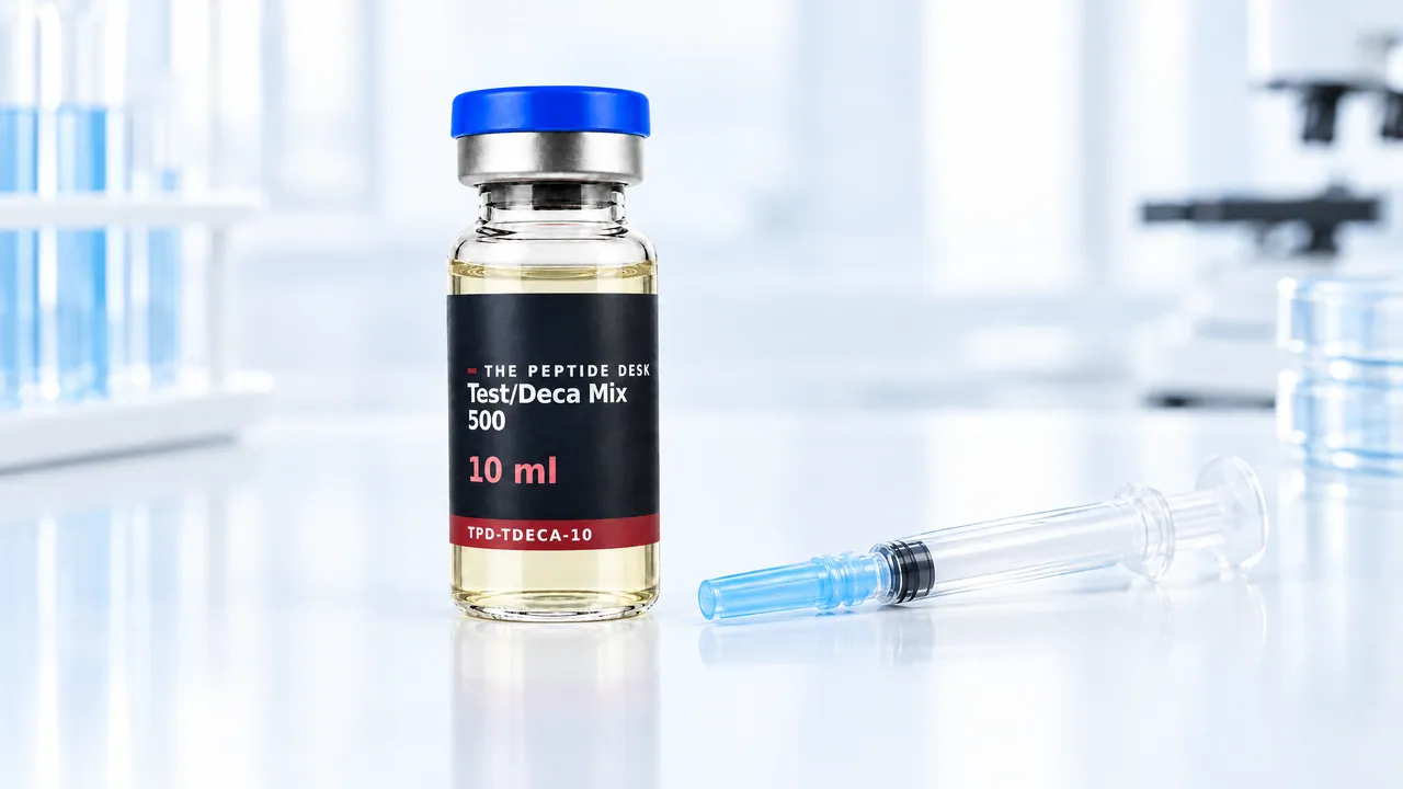 Small glass vial with clear, slightly yellowish oil and a grey stopper, a capped syringe beside it on a light table