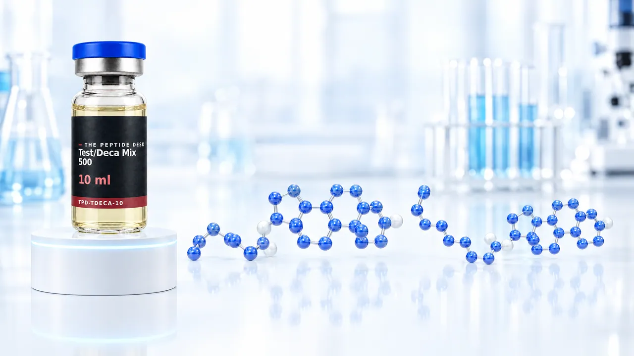 Two glossy blue 3D steroid molecules, one slightly slimmer, side by side above a white podium with a glowing light-blue ring, symbolic image for Test/Deca Mix 500