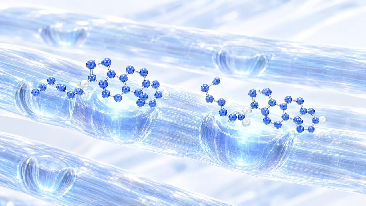 Translucent glass muscle fibres with docking sites where two slightly different blue steroid molecules dock side by side