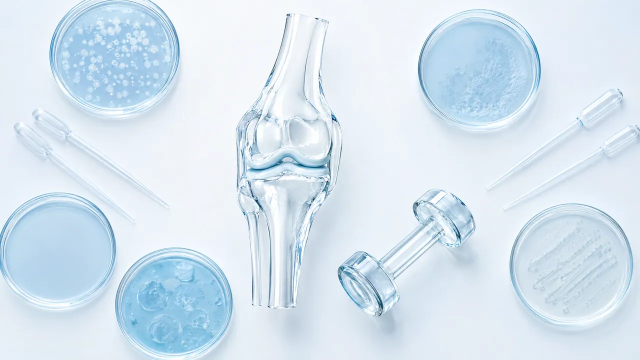 Petri dishes and pipettes around a glass knee joint model and a small glass weight plate, seen from above