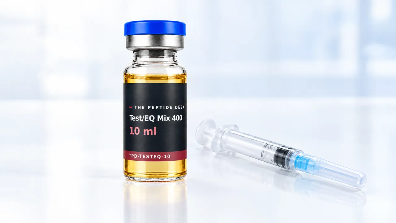 Glass vial of Test/EQ Mix 400 with clear, slightly yellowish oil and a grey stopper, next to it a closed syringe with its cap on a light table