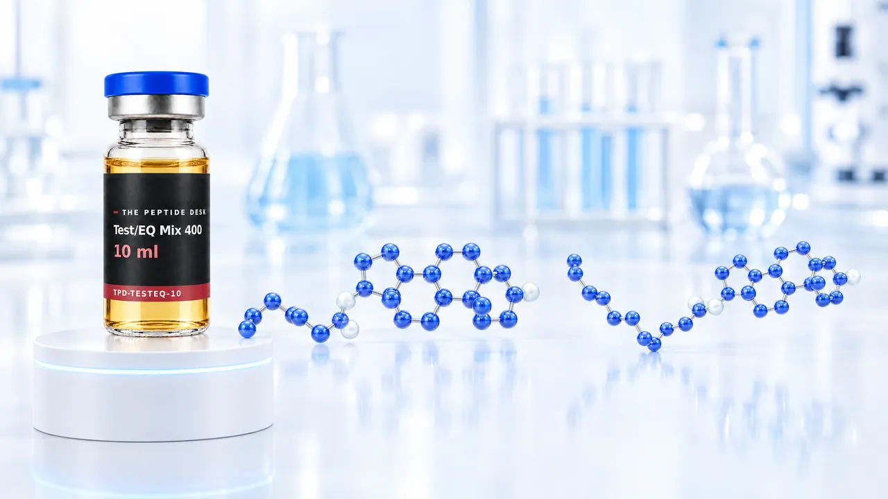 Glass vial of Test/EQ Mix 400 with TPD label on a white podium with a light blue ring of light in front of a bright lab background, symbolic image