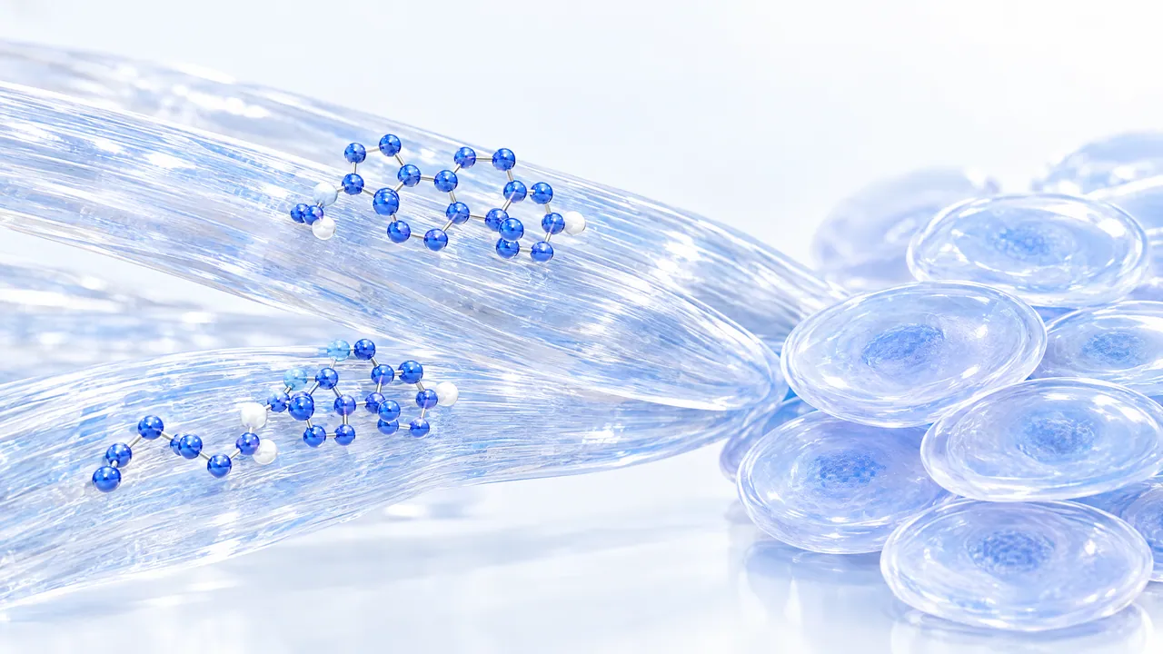 Translucent glass muscle fibres with docked blue steroid molecules, next to them a growing cluster of smooth disc-shaped cells