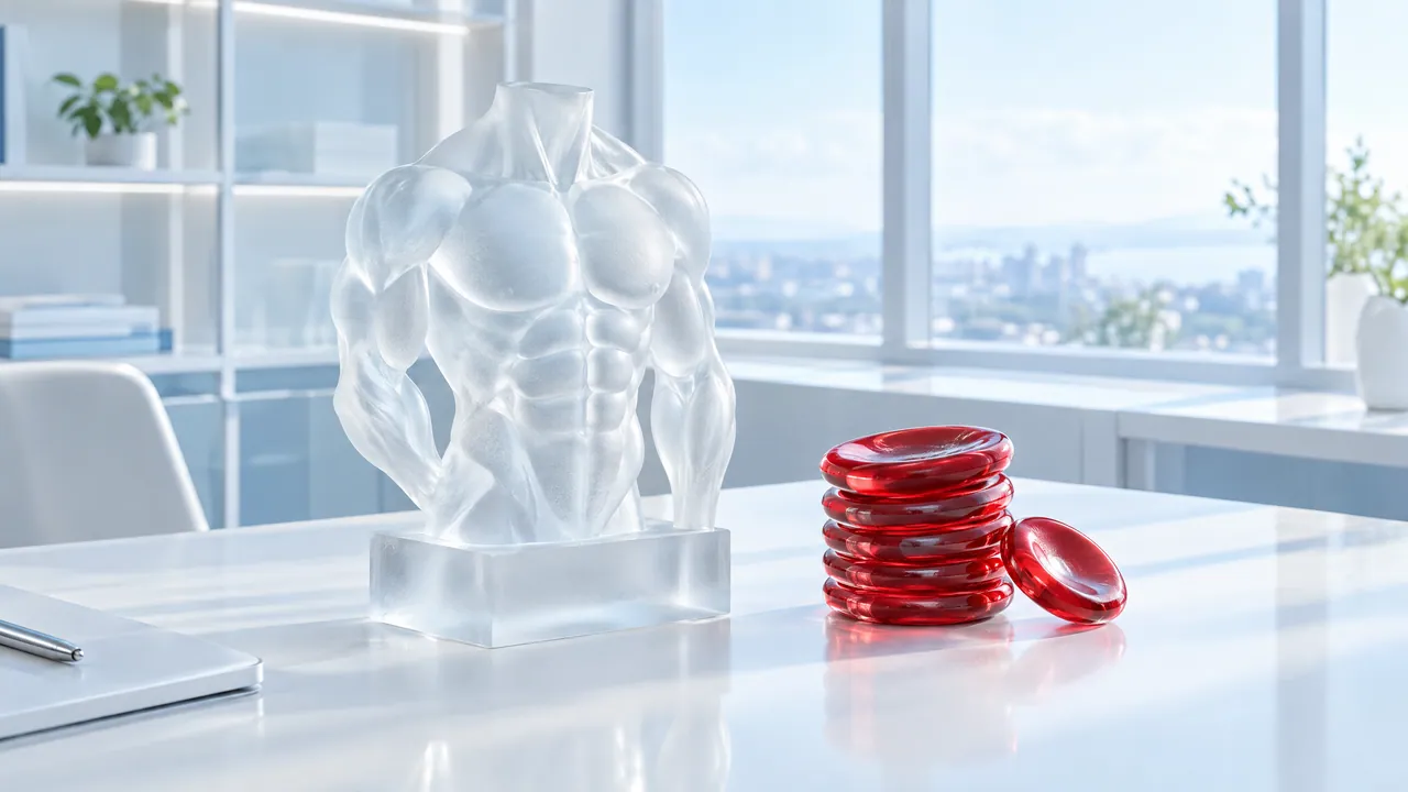 Calm study room in window light, on the desk a small frosted glass muscle sculpture and a stack of reddish glass discs shaped like blood cells