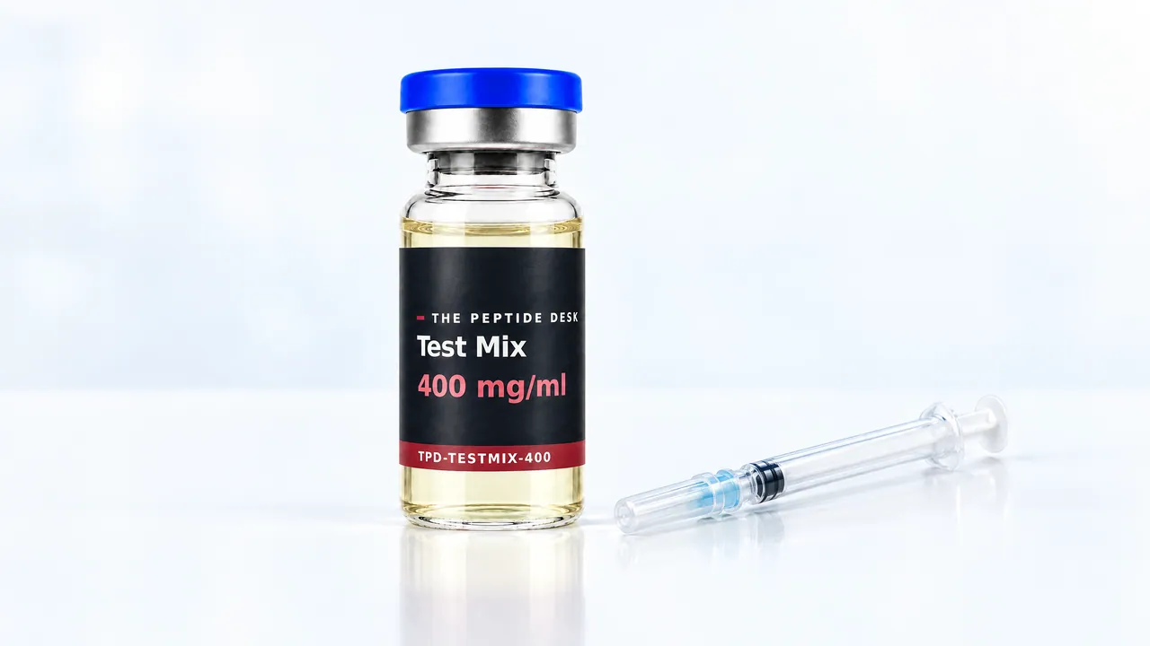 Glass vial of Test Mix with clear, slightly yellowish oil and a grey stopper, next to it a slim closed syringe with its cap on a white table