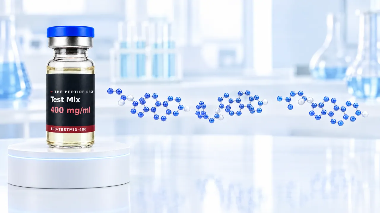 Glass vial of Test Mix (high dose) with TPD label on a white podium with a light blue ring of light in front of a bright lab background, symbolic image
