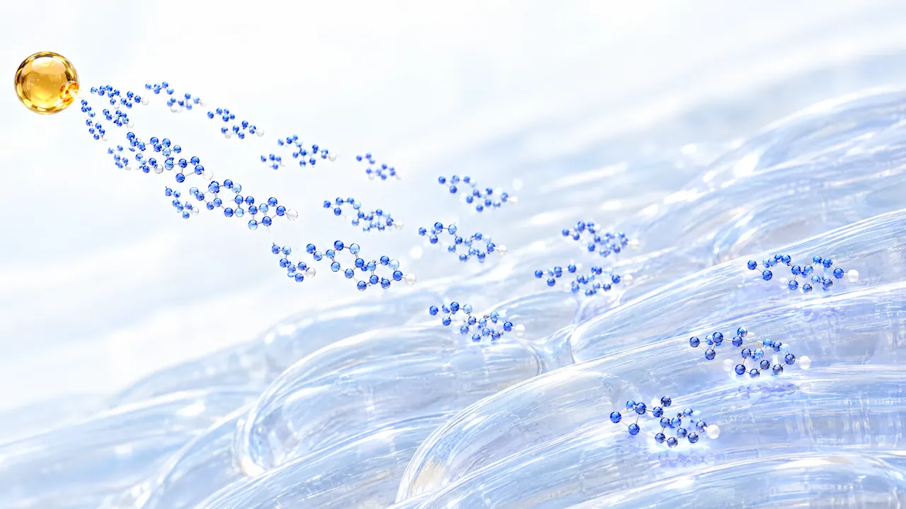 A small golden oil droplet releases blue steroid molecules in staggered waves, fast ones first and slow ones later, docking on translucent glass muscle fibres