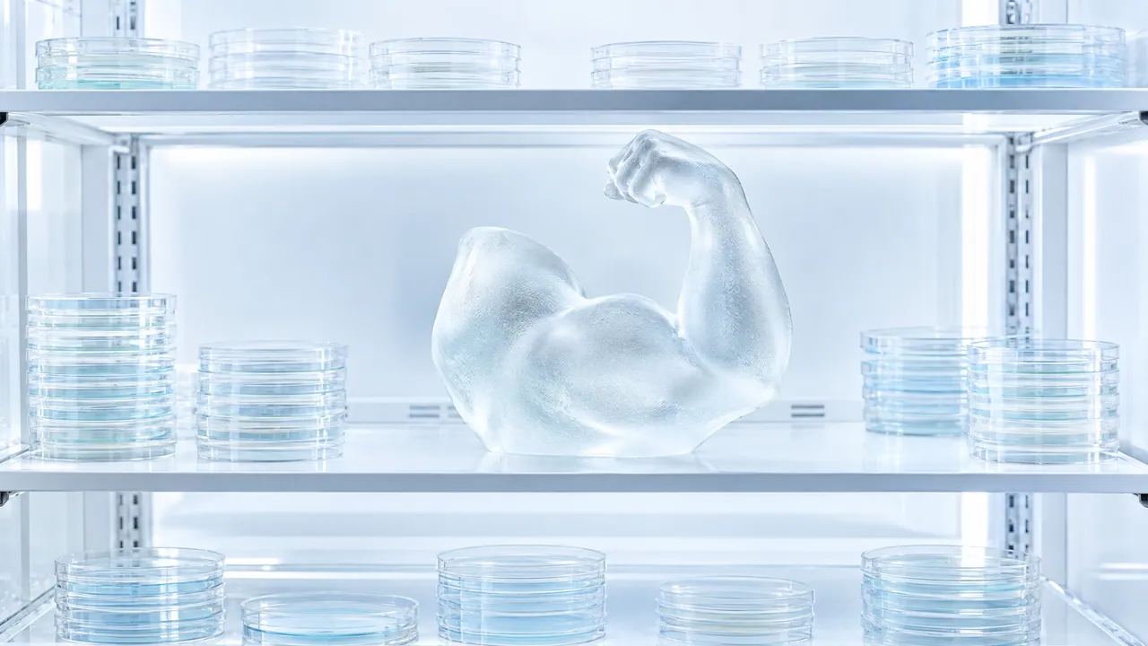 Cold-room shelves with petri dishes, a large frosted glass bicep sculpture filling the middle shelf