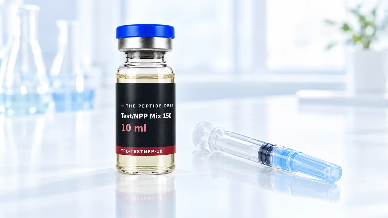 Glass vial of Test/NPP Mix 150 with clear, slightly yellowish oil and a grey stopper, next to it a closed syringe with its cap on a light table