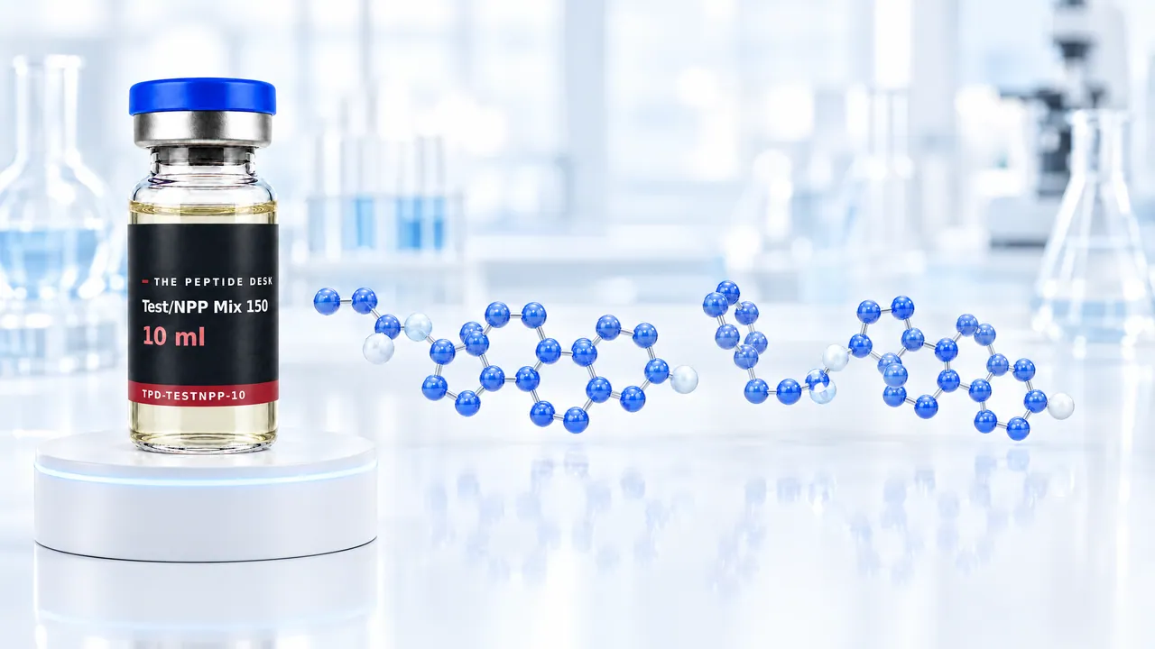 Glass vial of Test/NPP Mix 150 with TPD label on a white podium with a light blue ring of light in front of a bright lab background, symbolic image