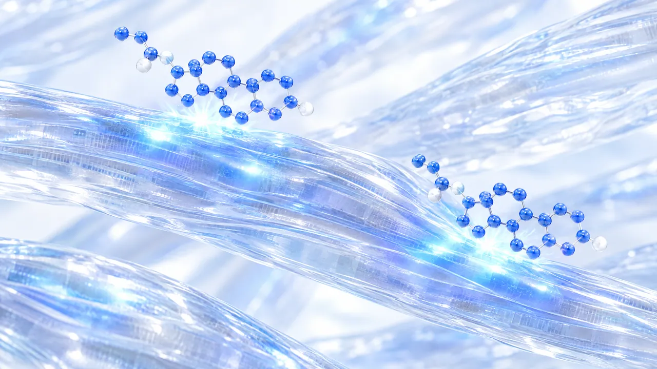 Translucent glass muscle fibres receiving quick, frequent bursts of blue steroid molecules, the glow rising and fading fast