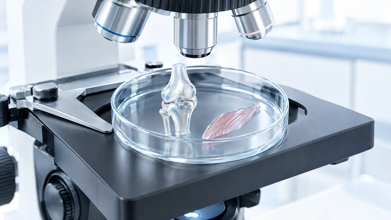 Close-up of a microscope stage with a petri dish holding a small glass knee joint and a sliver of glass muscle tissue