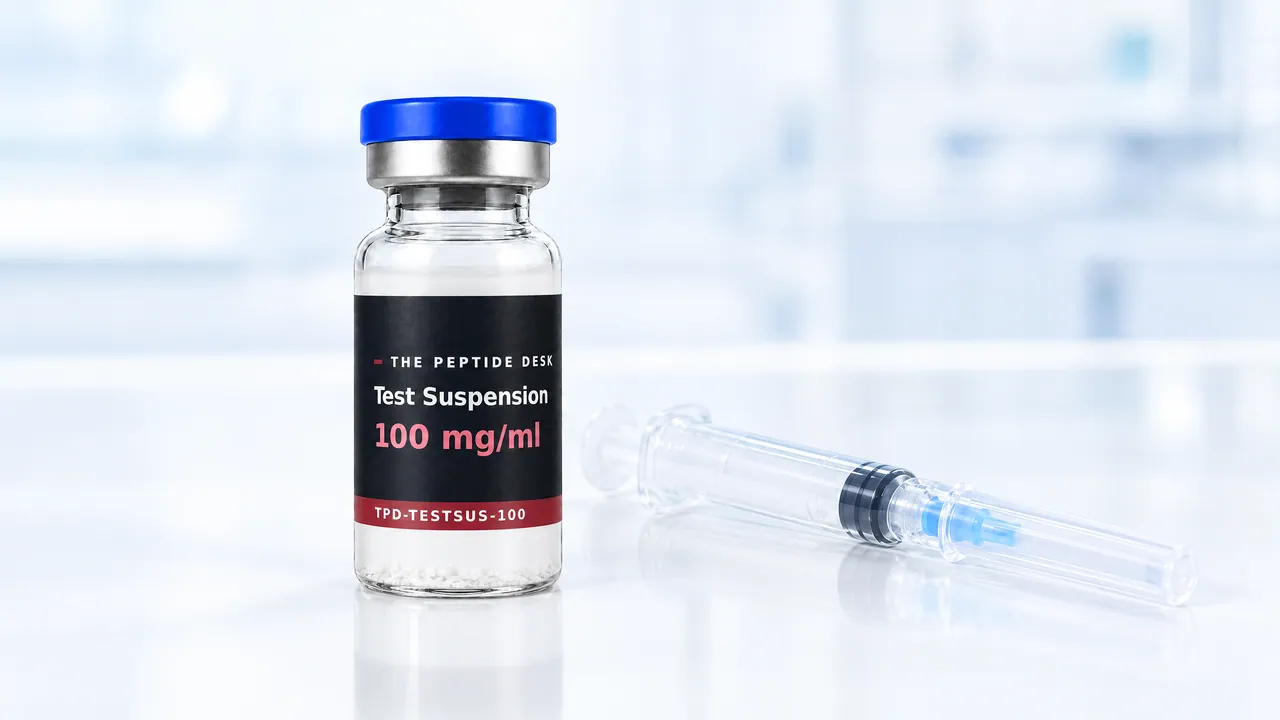 Glass vial of Test Suspension with a blue cap, clear liquid and white sediment, next to it a disposable syringe on a white table