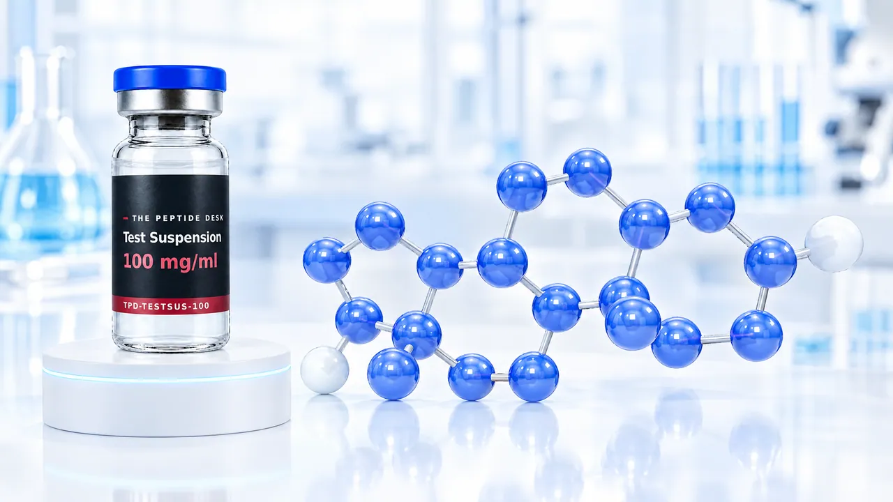 Glass vial of Test Suspension with a blue cap and TPD label on a white podium with a light blue ring of light, next to it a large blue 3D molecule with four fused rings in front of a bright lab background, symbolic image