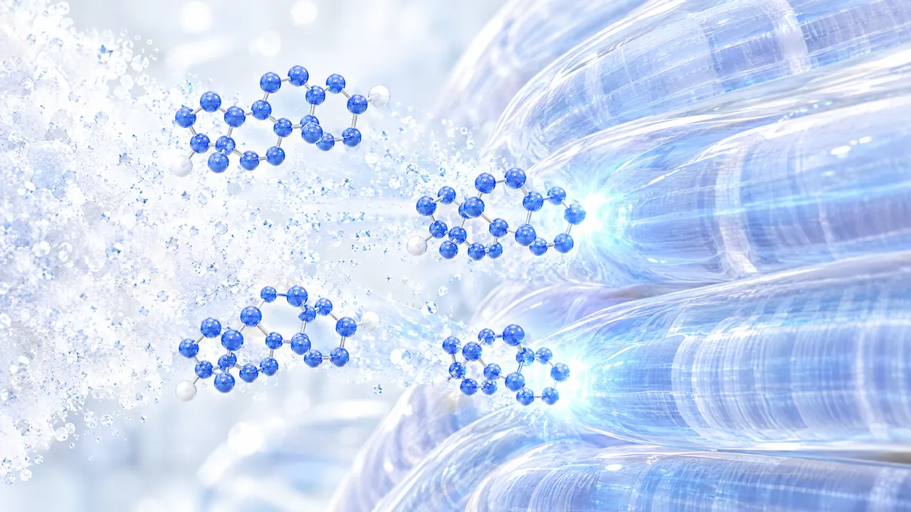 Blue 3D steroid molecules fly out of a cloud of fine droplets towards translucent glass muscle fibres and light up brightly there