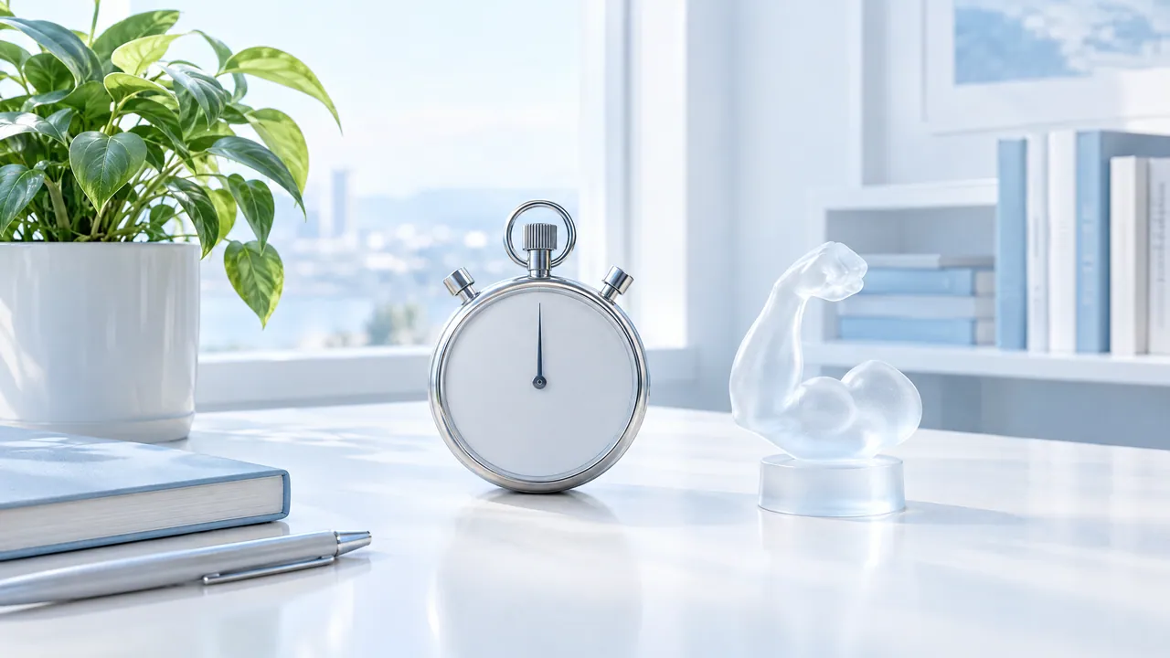 Bright desk by the window with a green plant, a stopwatch without numbers, books, a pen and a small frosted glass bicep figure