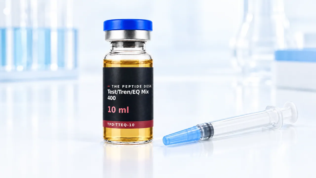 Glass vial of Test/Tren/EQ Mix 400 with clear, slightly yellowish oil and a grey stopper, next to it a closed syringe with its cap on a light table