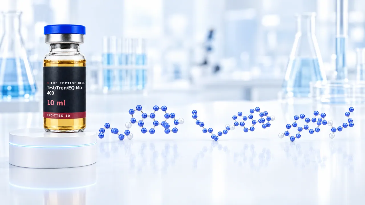 Glass vial of Test/Tren/EQ Mix 400 with TPD label on a white podium with a light blue ring of light in front of a bright lab background, symbolic image