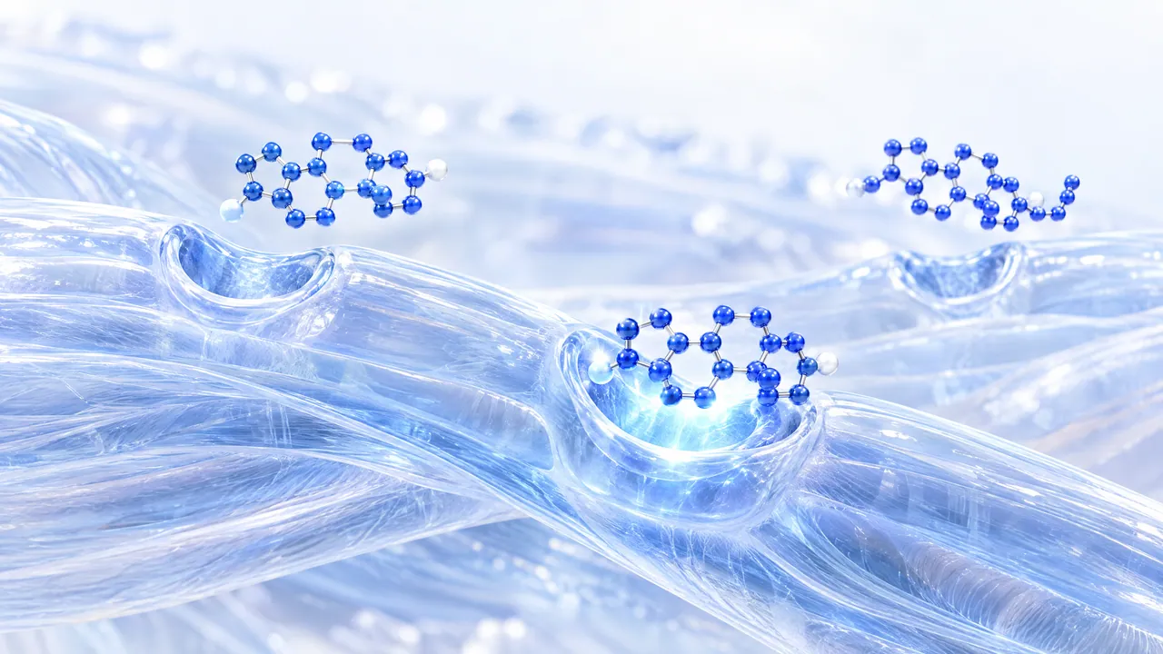 Translucent glass muscle fibres with docking sites where different blue steroid molecules dock, a sapphire one glows brightest