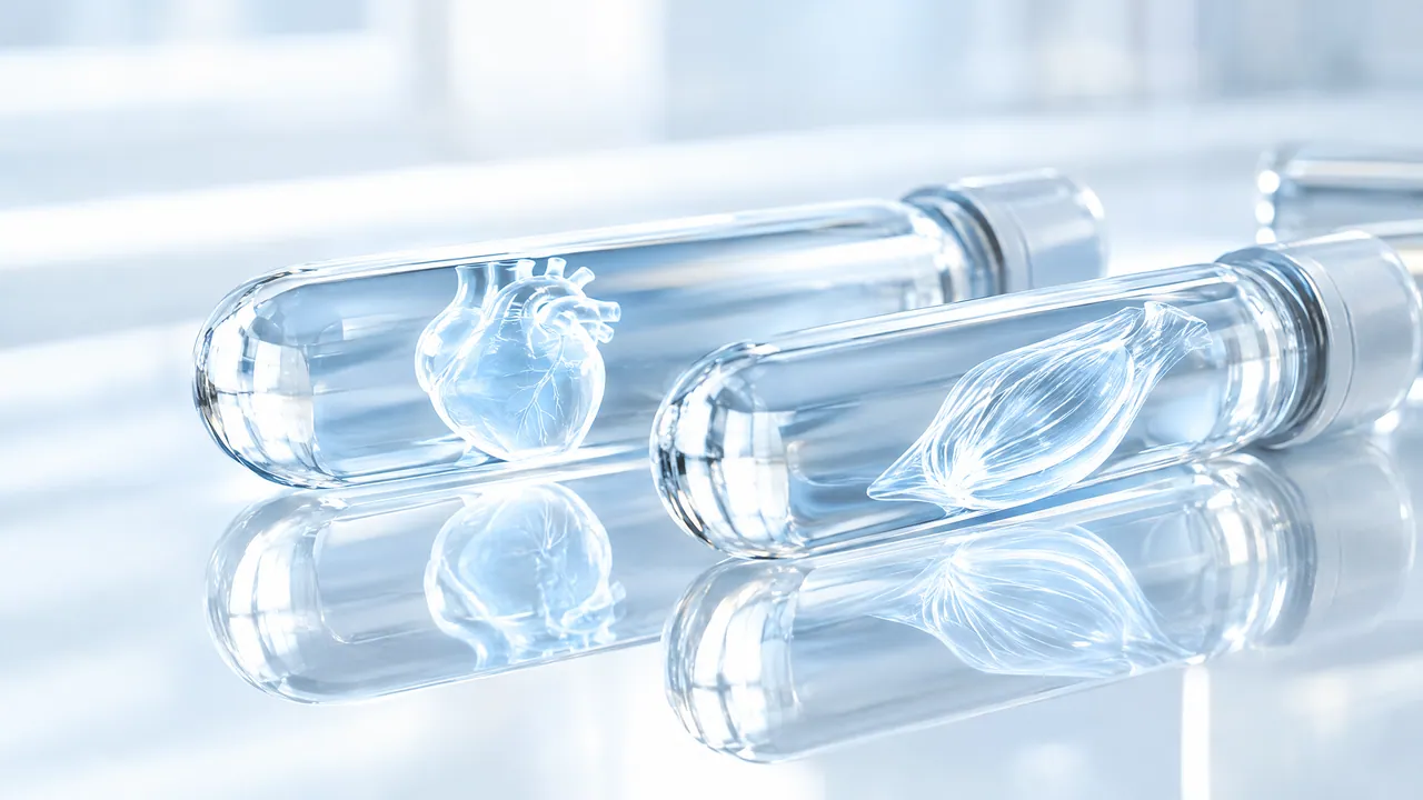 Close-up of sealed test tubes reflecting a glowing glass heart and a glass muscle sculpture