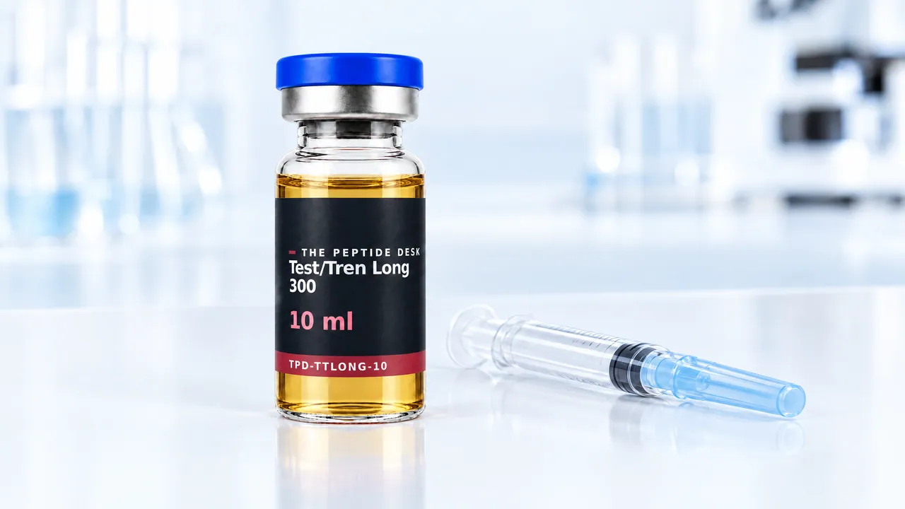 Glass vial of Test/Tren Long 300 with clear, slightly yellowish oil and a grey stopper, next to it a closed syringe with its cap on a light table