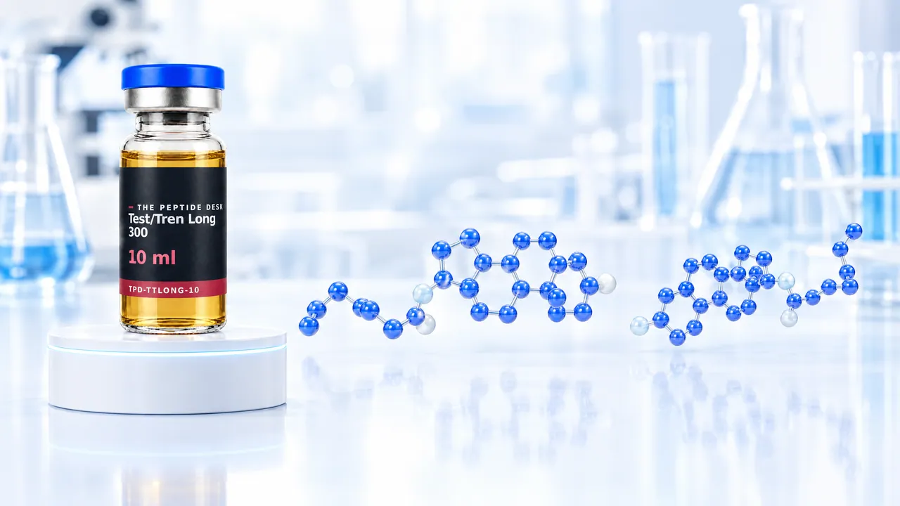 Glass vial of Test/Tren Long 300 with TPD label on a white podium with a light blue ring of light in front of a bright lab background, symbolic image
