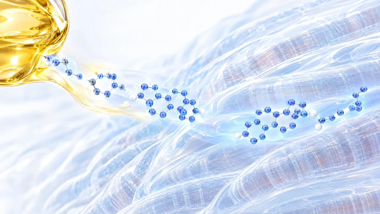 Translucent glass muscle fibres in a steady stream of blue steroid molecules coming from a golden oil droplet