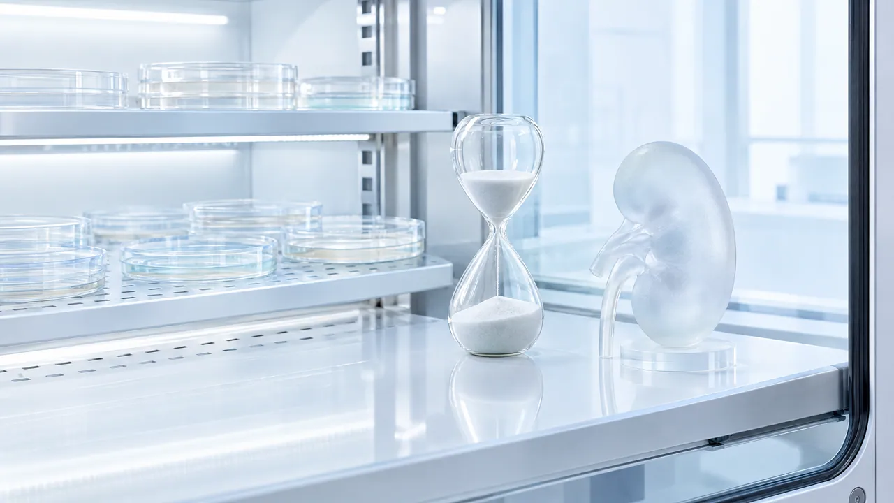 Incubator shelves with petri dishes, next to them a glass hourglass with slowly running sand and a frosted glass kidney