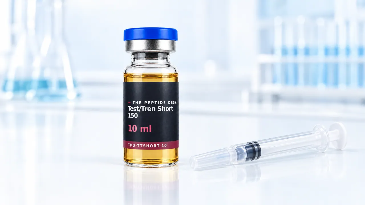 Glass vial of Test/Tren Short 150 with clear, slightly yellowish oil and a grey stopper, next to it a closed syringe with its cap on a light table