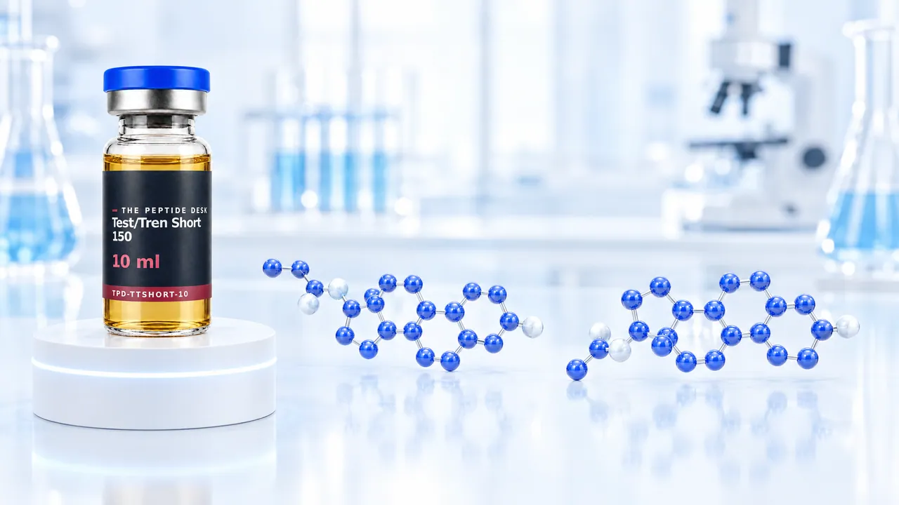 Glass vial of Test/Tren Short 150 with TPD label on a white podium with a light blue ring of light in front of a bright lab background, symbolic image