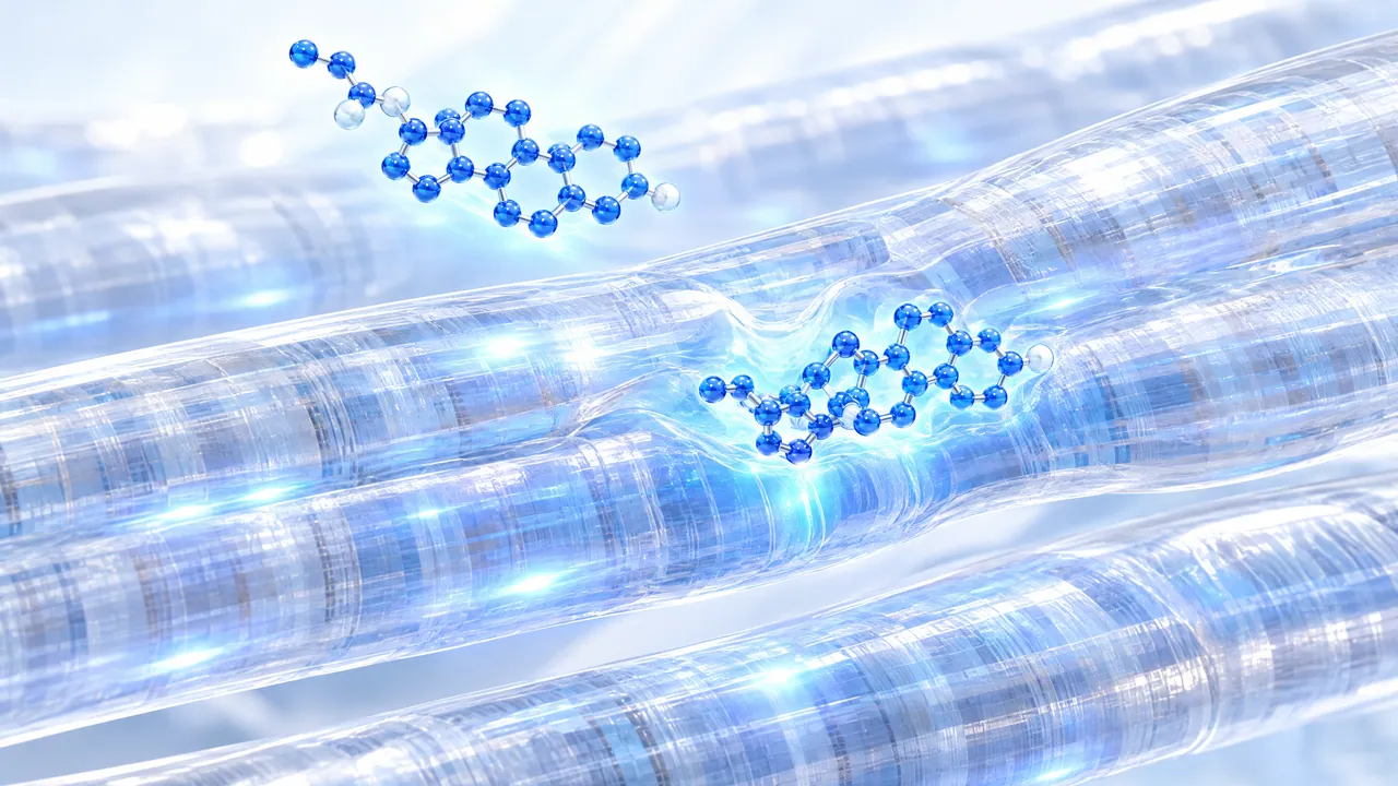 Translucent glass muscle fibres lit by quick pulses of blue steroid molecules, a sapphire molecule binds tightly
